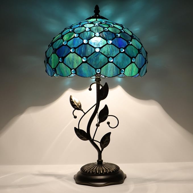 Tiffany Table Lamp, Stained Glass Desk Light, W12H19 Inch, Metal Leaf Base (Sea Blue Pearl Style)