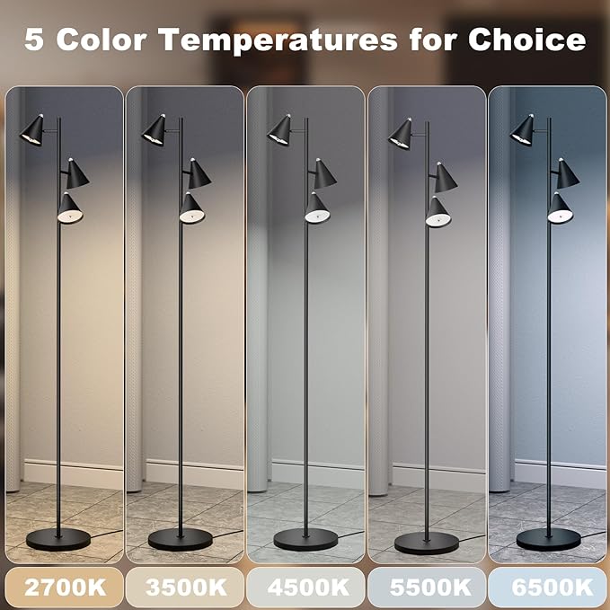 Floor Lamp 3 LED Lights Simple Design Tall Standing Rotatable Dimmable Lighting with Magnetic Remote Control for Bedroom Reading Room Office 5 Color Temperatures 6500K 63"
