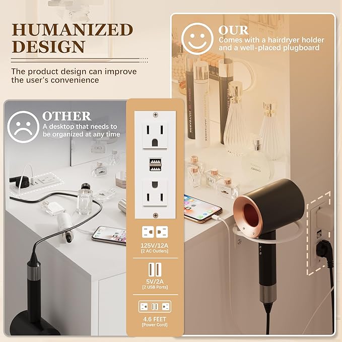 Furmax Make up Vanity Desk with Mirror and Power Outlet, Vanity with 3 Color Light Options Adjustable Brightness,Vanity Desk with 2 Drawers, 6 Storage Shelves (White, with Bench)