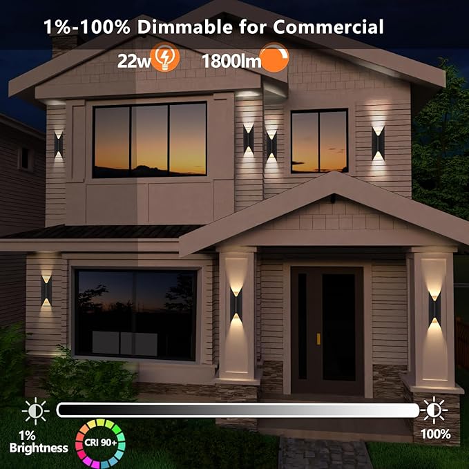 22W Dimmable LED Outdoor Wall Sconce,Modern Up Down Porch Lights 2700K 3000K 3500K 4000K 5000K 5 Colors Changeable,1800 Lumens Outdoor Wall Lights Exterior for House,Garage Door 2 Pack