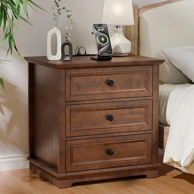 3 Drawer Dresser, Chest of Drawers with Charging Station, 24” Wide End Table with 3 Drawers, Modern Bedside Table with Storage, Wooden Small Dresser. (Cherry)