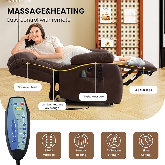 TEKAMON Dual Motor Power Lift Recliner Chair for Elderly, Breathable Leather Recliner with Heat & Massage, Lay Flat Sleeping Chairs with Infinite Position, Remote Control & USB Ports(Brown)