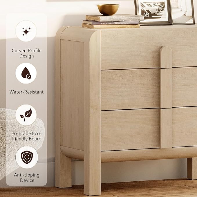 WAMPAT 5 Piece Dresser and Nightstand Sets for Bedroom, Modern 47.2" Wide 6 Drawer Chest & 3 Drawer Dresser Set of 2, and Nightstand Set of 2 with Charging Station for Bedroom, Living Room, Light Oak