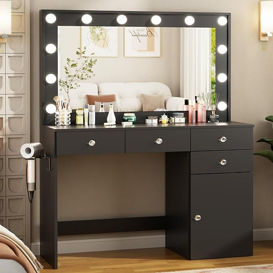 Vanity Desk with Mirror and Lights, 41.4'' Makeup Vanity Desk with 4 Drawers and Large Cabinet, 3 Lighting Modes Adjustable Brightness, Black Vanity with Power Outlet for Bedroom