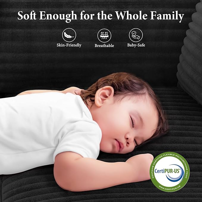 Vesgantti 106" Modular Sectional Sofa with Chaise, Deep Seat Comfy Cloud Couch Corduroy L Shaped Sofa Sectional Couches for Living Room Bedroom, No Assembly Required (Black, Right-Facing Chaise)