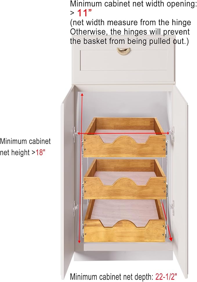 DINDON 3 Tier Pull Out Cabinet Organizer 11” W X21” D Slide Out Wood Drawer With Shelf Liner For Kitchen Pantry Organization