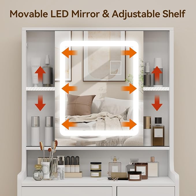 YOURLITE Small Vanity Desk with Mirror and Lights,Makeup Vanity Table with Chair and Drawers for Small Space, Compact Dressing Table with Sliding Door for Bedroom