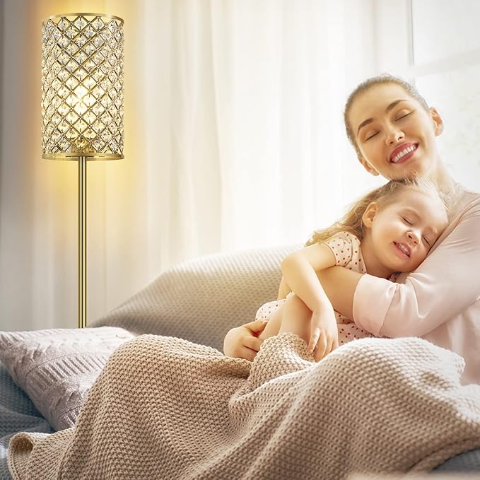 Gold Floor Lamp,Elegant Crystal Floor Lamp Modern Standing Lamp with On/Off Foot Switch,Tall Pole Accent Lighting for Living Room, Girl Bedroom, Dresser, Office