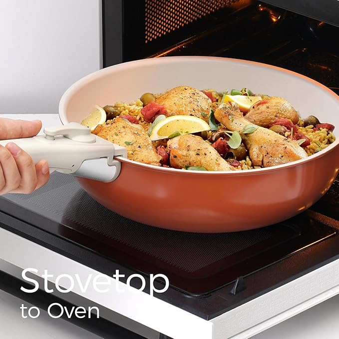 15Pcs Pots and Pans Set Non Stick, Cookware Sets with Detachable Handle, Nonstick RV Kitchen Cooking Tools Removable Handles, Oven Safe, Induction Fast, Stackable Induction Cookware, Tangerine