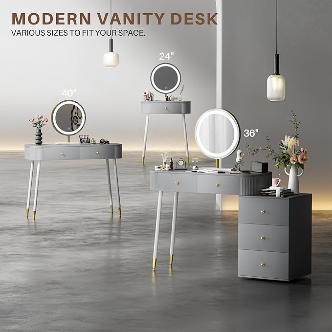 WinZo 24" Vanity Desk with Mirror and Lights, Small Makeup Vanity Table with 1 Storage Drawers, 3 Color Touch Screen Stylish Dressing Table for Small Spaces & Bedroom, Gray
