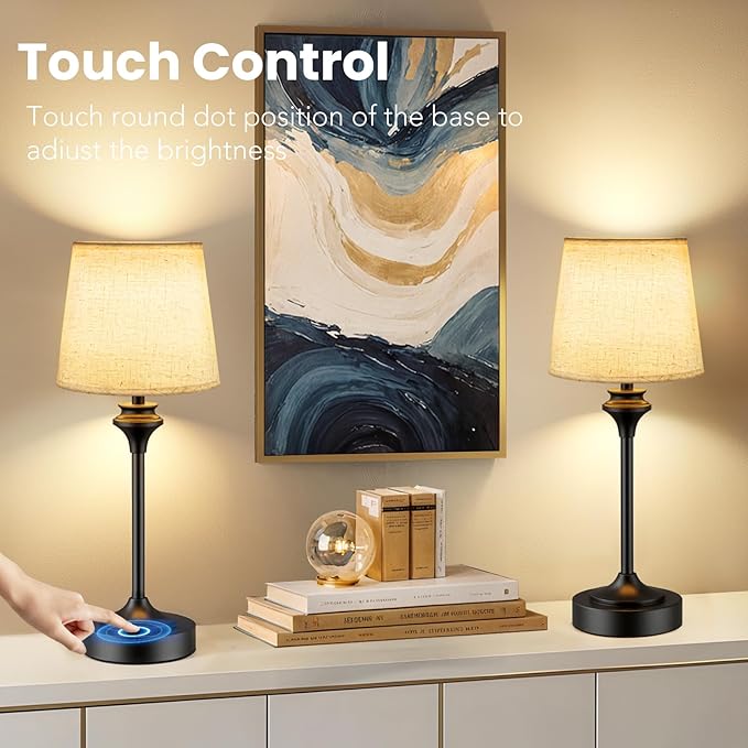 NIORSUN Portables Cordless Table Lamp Set of 2, Battery Operated Lamp, Bedside Table Lamp with Warm White,3 Way Dimmable Touch Desk Lamp for Bedroom Living Room Restaurant Whtie Shade (Black)