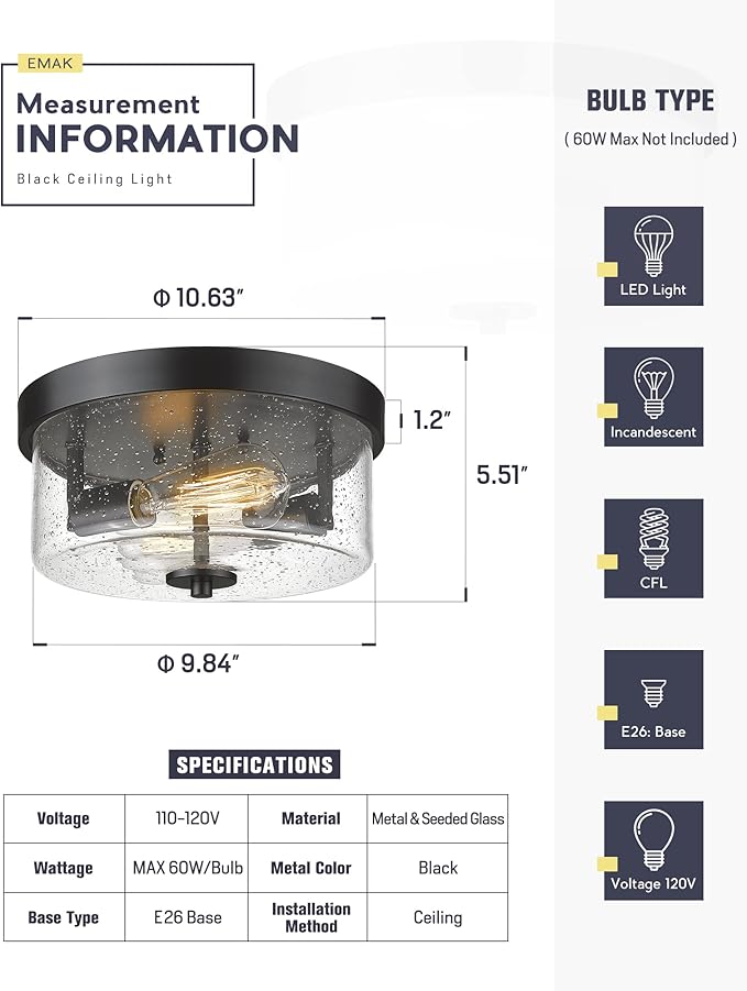 Emak Matte Black 2 Light Flush Mount Ceiling Light Fixture, 11 Inch Close to Ceiling Light Fixtures with Seeded Glass Shades for Hallway, Kitchen, Bathroom, Dining Room, FM082-BK