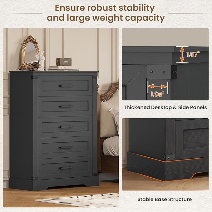 Hasuit Tall Black Dresser for Bedroom with 5 Drawers, Wooden Farmhouse Dresser Chest of Drawer with Thick Styling, Large Capacity Storage Cabinet with Wide Drawer, Dressers for Living Room Hallway