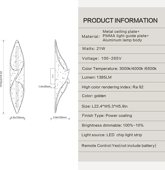 Hardwired Wall Sconce 22.4Inch, Modern Gold LED Wall Lamp with Remote Control Dimmable Acrylic Wall Lighting for Living Room Hallway Bedroom Stairs