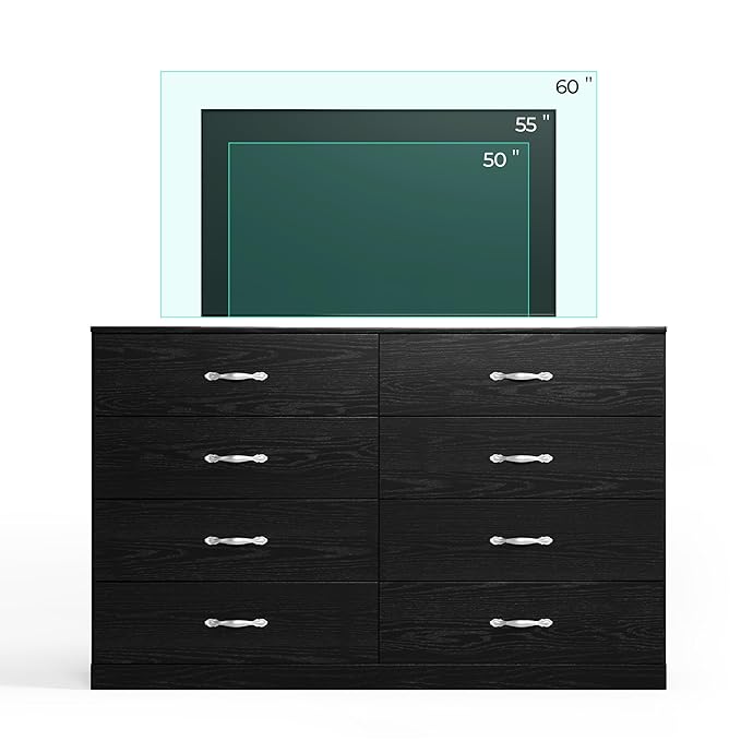 LINSY HOME 8 Drawer Dresser for Bedroom, 54" Wide Chest of Drawers, Modern TV Stand Dressers with Wood Frame and Metal Handles, Large Drawer Organizer for Bedroom, Living Room, Black
