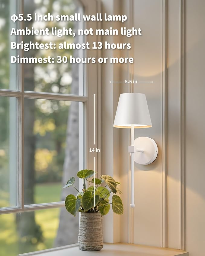 KDG Cordless Wall Sconces Set of 2, Wireless 5200mAh Rechargeable Battery LED Wall Lamps, Wall Lightings for Wall Painting, Outdoor, Garden, Living Room, Bedside, Hallway, Gifts, Night Light (White)