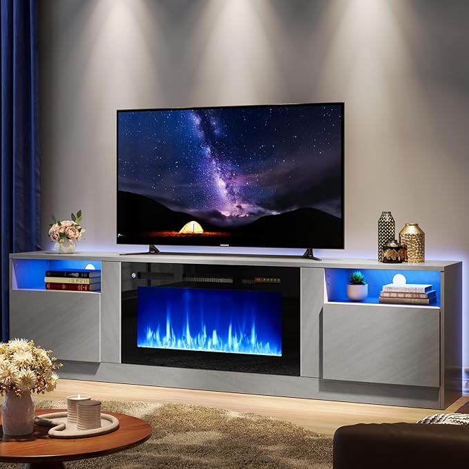 oneinmil 80” TV Stand with 36” Electric Fireplace, Large Modern Media Entertainment Center with Storage Cabinet and 12 Colors LED Lights for TVs Up to 90", Gray TV Stand and Black Fireplace