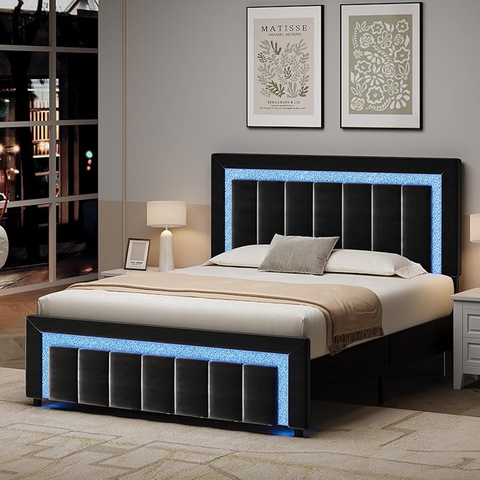 HOMBCK Queen Size Bed Frame with LED Lights and Velvet Upholstered Headboard, Bed Frame Queen with Modern Diamond Headboard Adjustable, Wooden Slats Support, Noise Free, No Box Spring Needed, Black