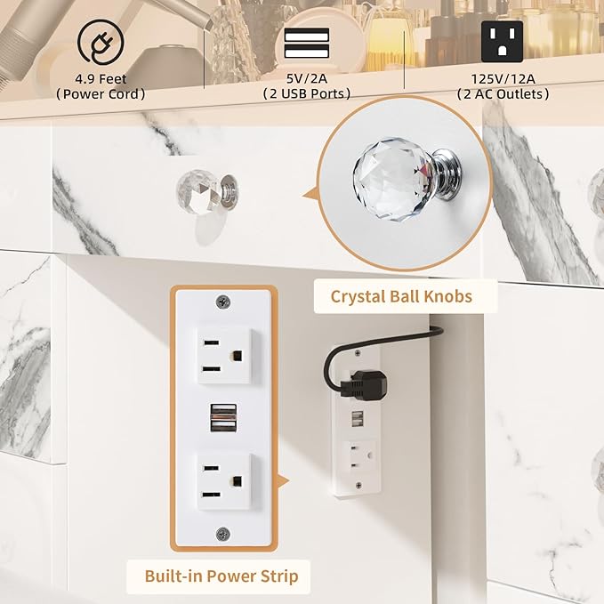 VOWNER Vanity with Lighted Mirror - 47" Makeup Vanity Desk with 9 Drawers and Power Outlet, 3 Color Lighting Modes Adjustable Brightness, Makeup Desk with Soft Cushioned Stool for Bedroom, Marble