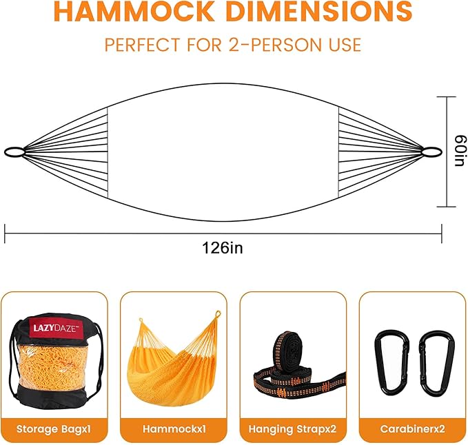 Lazy Daze Hammocks Handwoven Mayan Hammock, 10.5 FT Soft Rope Double Hammocks, Portable Outdoor Hammock with Carry Bag, 2 Straps & carabiners for Patio Outside, 550 lbs Weight Capacity, Yellow