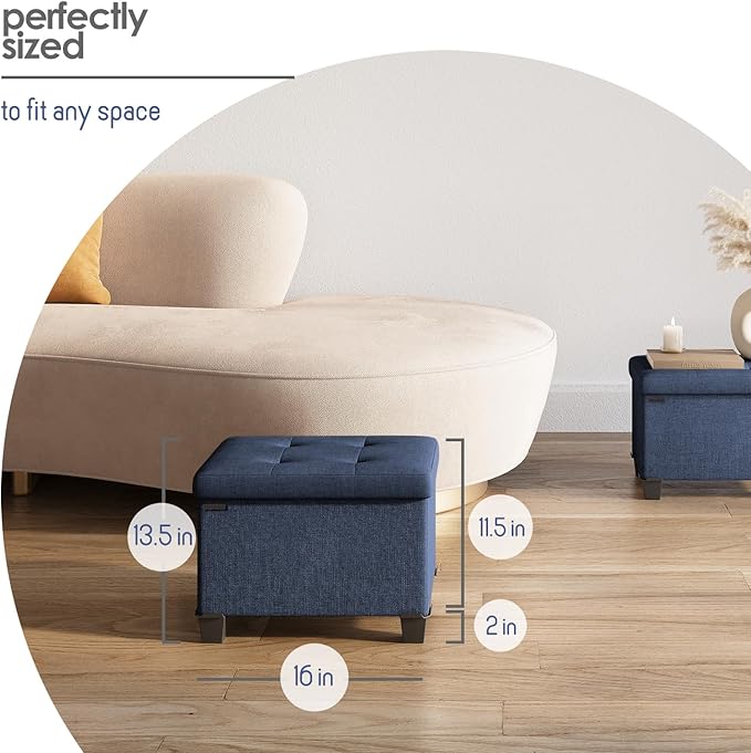 STORAGEBUD Storage Ottoman Cube with Small Bin, 16-in Square Ottoman with Storage for Living Room and Bedroom, Small Ottomans Foot Rest, Fabric Foot Stools Ottomans Max 330lbs, Blue