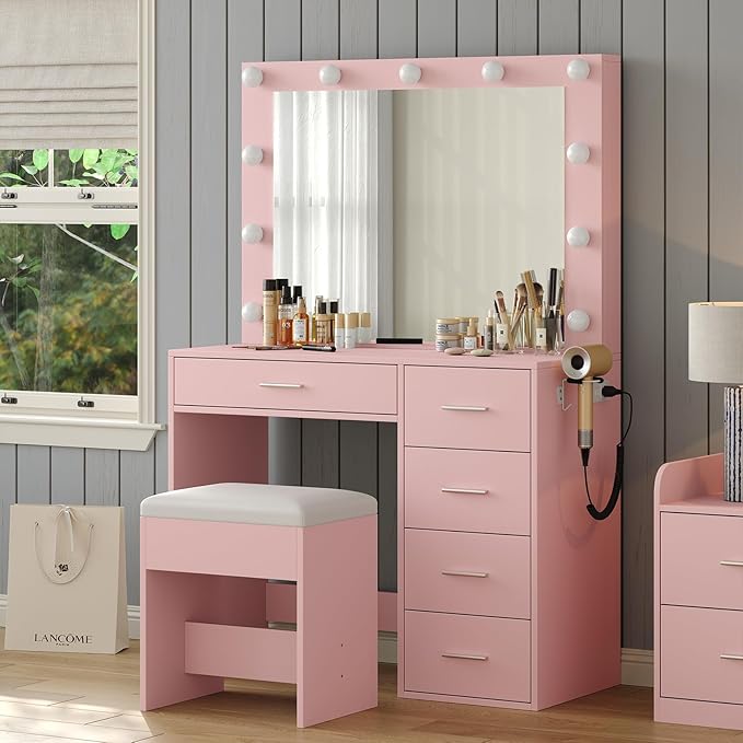 37" W Vanity Desk with Power Outlet, Makeup Vanity with Mirror and Lights, 3 Lighting Modes, Vanity Table with Chair for Bedroom, Dressing Room Studio, Pink