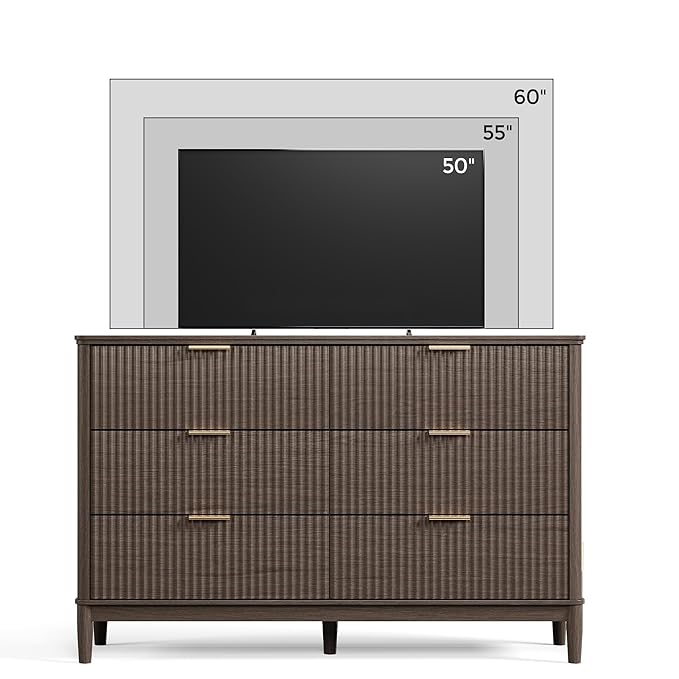 LINSY HOME Fluted Dresser for Bedroom with 6 Drawers, 54" Wide Chest of Drawers, Mid Century Modern Dresser TV Stand with Metal Handle, Wood Closet Storage Cabinet for Living Room, Hallway, Walnut