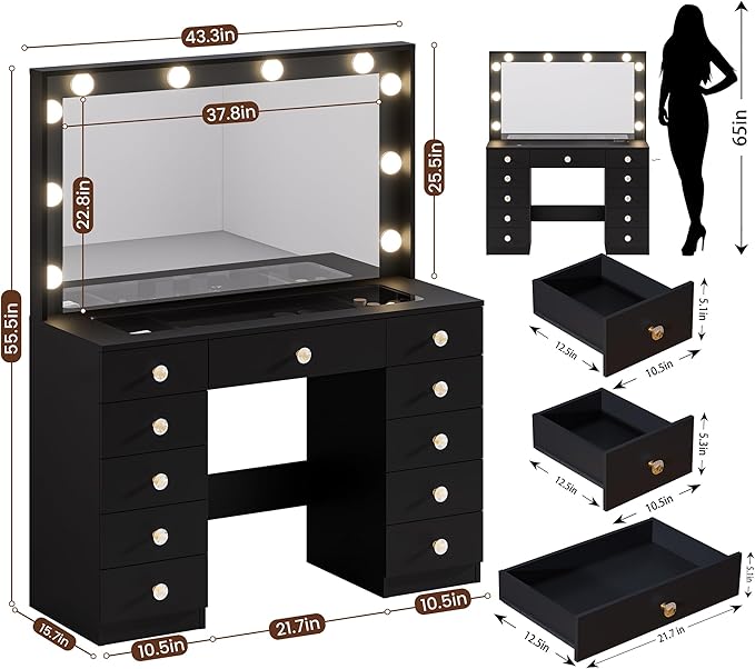 43.3" Vanity with Large Mirror and 10 LED Lights, Vanity Desk with Glasstop, 11 Drawers with Crystal Handles, Dressing Table with Power Outlet as Gift for Women, Girls (Black)