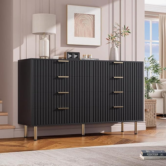 8 Drawer Dresser for Bedroom, Fluted 55" Wide Modern Chest of Drawers with Deep Drawers, Wooden Dresser Organizer for Living Room, Hallway, Kids Room, Black