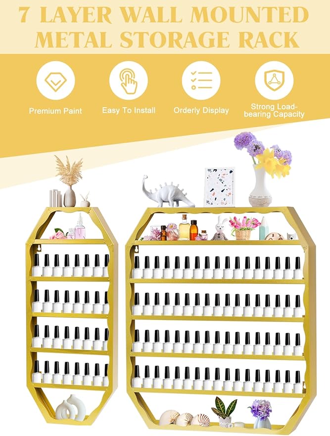 EBANKU Hexagon Nail Polish Racks Heavy Duty Nail Shelfs for Wall Gold Nail Polish Display Rack Cosmetic Display Cases Nail Bottles Organizer Wall Shelf for Home Spa Nail Salon