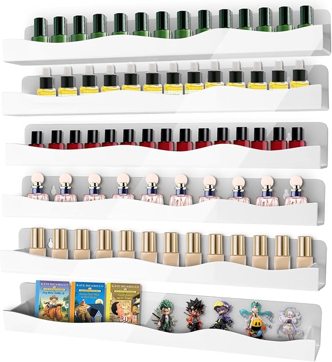 6 Pack Wall Mounted Acrylic Nail Polish Organizer Rack 15 Inch White Nail Polish Shelf with Removable Ends Multi-Purpose Shelf for Essential Oils Cosmetics Storage Display for Salon Bathroom
