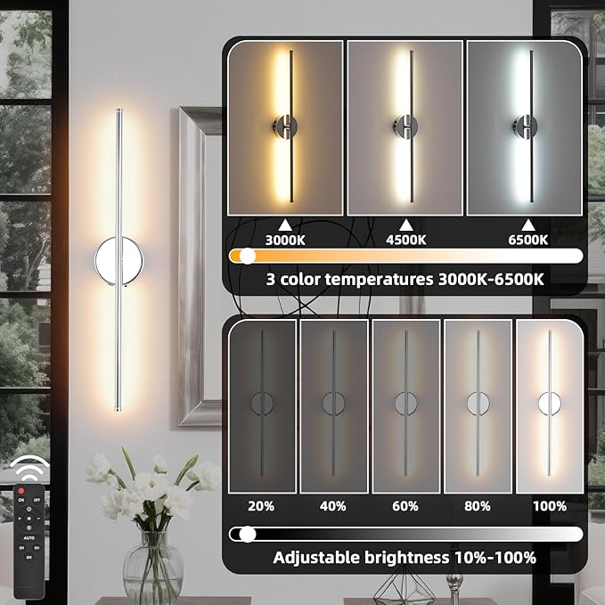 Battery Operated Wall Sconce Set of 2, Chrome 27.5" LED USB Rechargeable dimmable Wall Sconce with Remote Control, Rotate 350° for Living Room, Bedroom, Hallway and scones Lighting