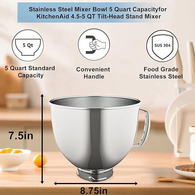 5 Quart Stainless Steel Mixer Bowl Compatible with KitchenAid 4.5 & 5 QT Tilt-Head Stand Mixers, Durable KitchenAid Replacement Bowl, Mixer Accessories for Baking & Cooking