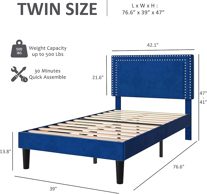 VECELO Twin Size Platform Bed Frame with Adjustable Upholstered Headboard, Strong Wood Slat Support, No Box Spring Needed, Easy Assembly