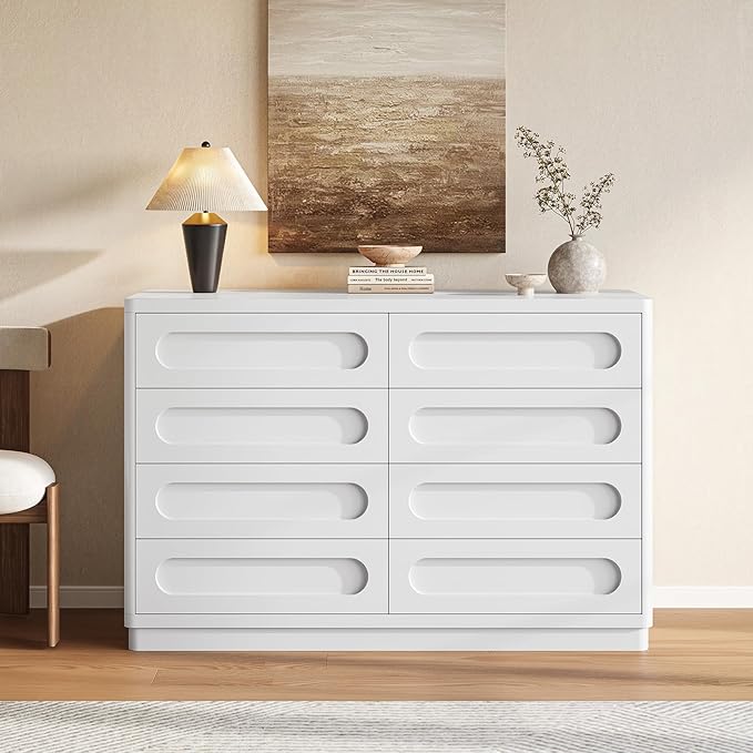 White Dresser for Bedroom with 8 Drawers, 47.2" Wide Dresser for Closet with Deep Drawer, Large Wood TV Stand, Modern Chest of Drawers for Bedroom, Hallway