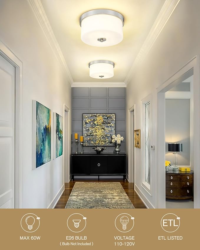 Emak Brushed Nickel Ceiling Light Fixture, Modern Flush Mount Light Fixture with Milk Glass Shade, 11 Inch 2-Light Ceiling Lights for Bedroom, Living Room, Kitchen, Hallway, Bathroom, FM082-BN-ML