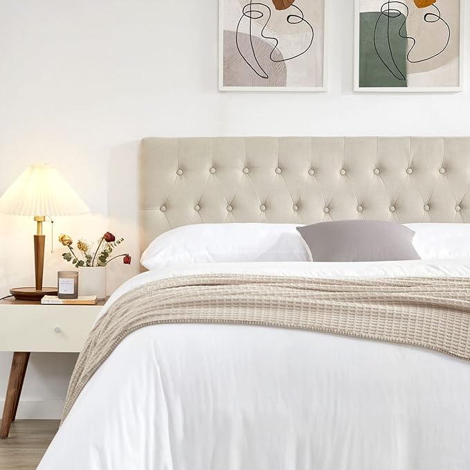 Kingfun Headboards for King Size Bed in Modern Button Design, Premium Linen Fabric Upholstered Tufted Bed Headboard, Adjustable Solid Wood Head Board, Beige