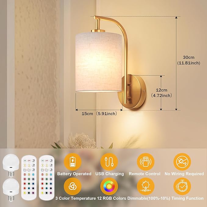 Battery Operated Wall Sconce Set of 2, Gold Rechargeable Dimmable Wall Light Fixture Remote, 12 RGB Colors & Timer, Wireless Lamp Linen Shade