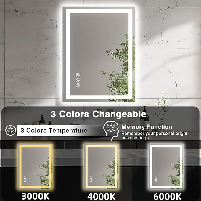 20"x28" LED Bathroom Mirrors for Wall, Front and Backlit Mirror, Anti-Fog Vanity Mirror with Lights, Stepless Dimmable Lighted Mirror, 3 Colors Smart Mirror (Horizontal/Vertical)