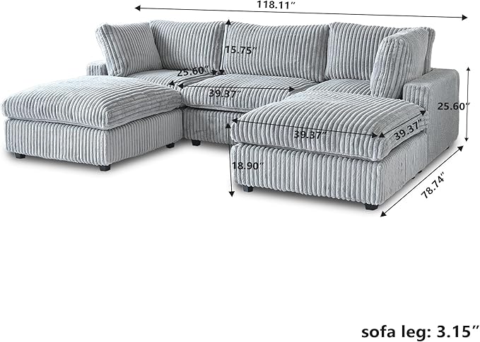 JACH 118" U Shape Modular Sofa for Living Room, Convertable Sectional Couch with Chaise Ottomans, Deep Seat Sofas, Sofa Covers Washable, Minimalist Plush Couch for Living Room, Apartment, Light Grey