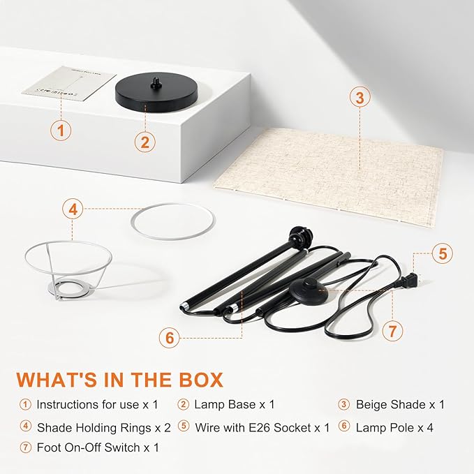 FRIDEKO HOME Floor Lamp with Beige Shade, Simple Design with Foot Pedal Switch, Small Tall Lamps for Living Room Bedroom Office, Corner Floor Stand Light with Black Pole Lamp (No Bulb/No Remote)