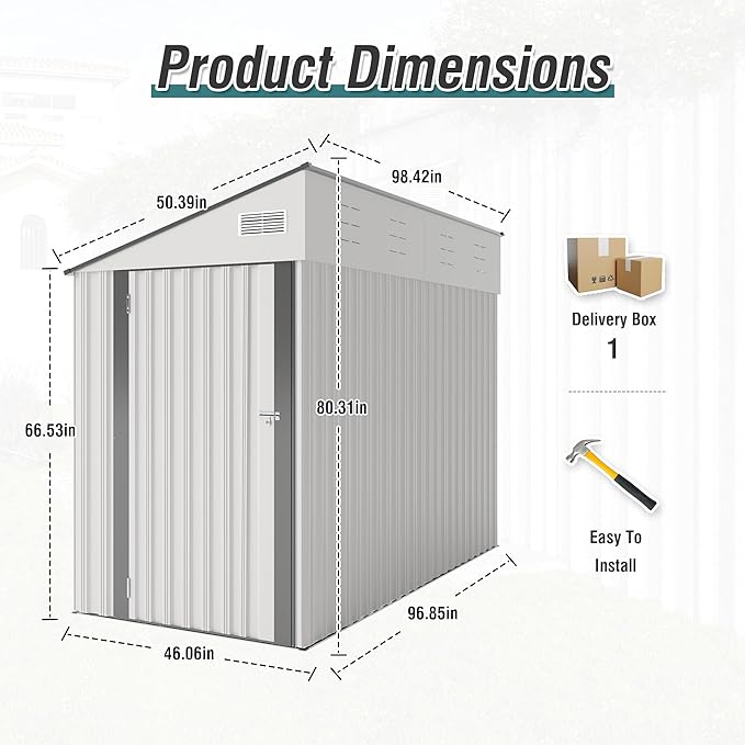 4x8 ft Lean to Shed, Outdoor Storage Shed with Lockable Door and Vents, Metal Storage Shed with 6 Vents, Outside Garden Tool Shed for Backyard, Patio, Wall Side Design (White)