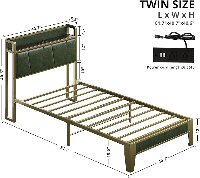 LIKIMIO Twin Bed Frame, Storage Headboard with Charging Station, Solid and Stable, Noise Free, No Box Spring Needed, Easy Assembly (Dark Green)