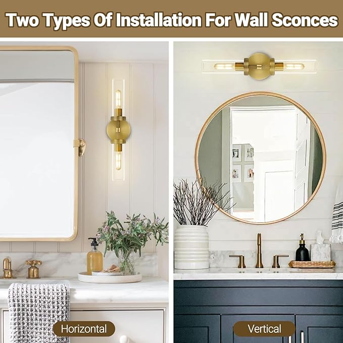 2-Light Brass Knurled Wall Sconces, Glass Sconces Wall Lighting indoor, Gold Bathroom Vanity Light Sconces, Wall Lights for Living Room Bedroom Hallway Kitchen Bathroom Mirror, Including Bulb