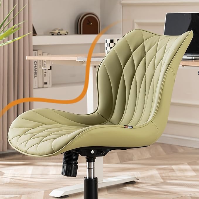 YOUNUOKE Armless Desk Chair Comfy Office Chair with Wheels Home Ergonomic Task Chair Adjustable Computer Chairs Modern Faux Leather Swivel Chair Upholstered Makeup Vanity Chair with Back(Avocado)