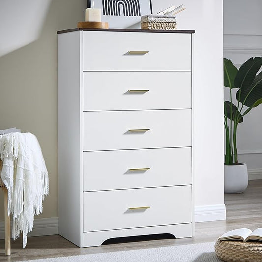 LIDYUK Dresser for Bedroom, Wood Dresser with 5 Drawers, Modern Minimalist Dressers & Chests of Drawers, 47 Inches Tall Chest of Drawers for Bedroom, Hallway, Living Room, White