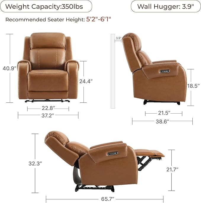 CHITA Genuine Leather Power Recliner Chair for Adults, Electric Wall Hugger Recliner with Adjustable Power Headrest & USB/Type-C Ports, Compact for Small Spaces & Living Rooms, Saddle Brown