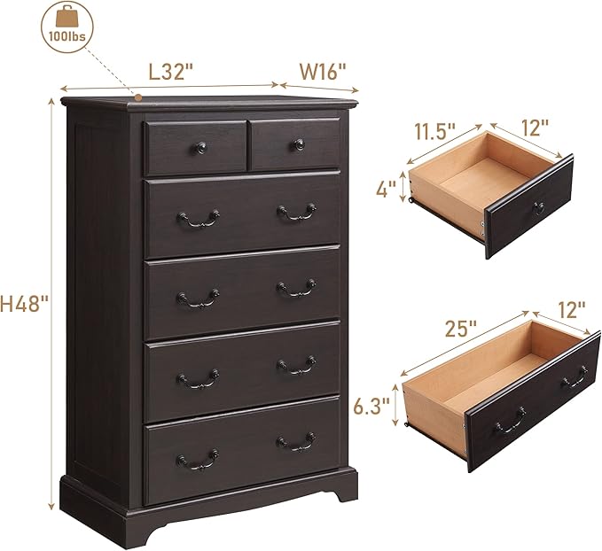 RedLemon 48" Tall Dresser for Bedroom, Modern 6 Drawers Dresser with Vintage Styles Pulls, Wood Rustic Closet Chest of Drawers for Living Room, Hallway, Espresso