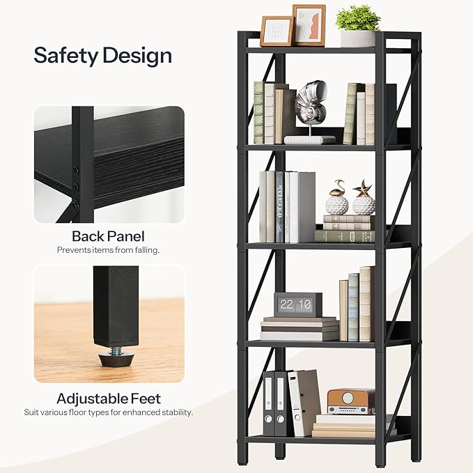 HOOBRO Bookshelf, 5-Tier Industrial Bookcase, Book Shelf Storage Organizer, Tall Bookshelf with Metal Frame for Living Room, Bedroom, Home Office, Kitchen, Black BB73SJ01