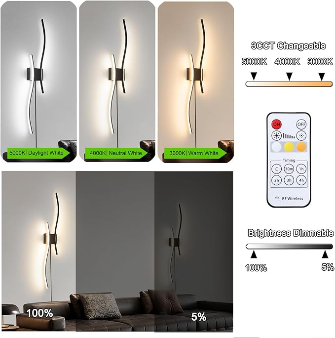 Modern Black Plug in Wall Sconces Set of 2 - Smart Dimmable LED Wall Lights with Remote, 3CCT Adjustable & Memory Function, Timer Setting - No Wiring Needed for Living Room, Bedroom, Hallway